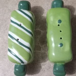 NIB Green Ceramic Christmas Hard Candy Salt & Pepper Shakers
